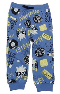 Modro-černo-žluto-bílé tepláky s nápisy 