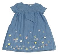 Světlemodré lehké riflové šaty s květy a 3D bambulemi Vertbaudet