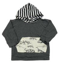 Šedo-bílo-černá mikina s diny a pruhovanou kapucí 