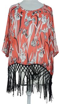 Dámská korálovo-černá květovaná šifonová plážová tunika s třásněmi Papaya