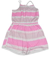 Růžovo-bílý pruhovaný bavlněný kraťasový overal Primark