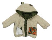 Khaki-béžová šusťákovo/huňatá oboustranná bunda s kapucí 
