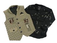 2set - béžová kostkovaná vesta + černá košile se stromy