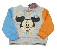Nové - Šedá melírovaná mikina s Mickeym a barevnými rukávy Disney