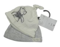 Nové - 2x žebrovaná čepice - bílá s Púem +  šedá Disney