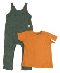 Nové - 2set - Khaki laclové tepláky se zvířaty + oranžové tričko Nutmeg