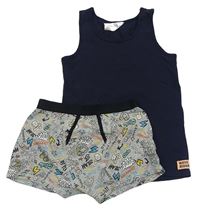 2set - Tmavomodrý nátělník + šedo-černé trenýrky s obrázky 