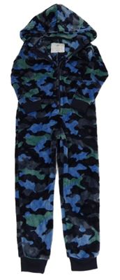 Tmavomodro-zeleno-šedá army chlupatá kombinéza s kapucí F&F