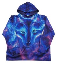 Modro-fialová mikina s vlkem a kapucí 