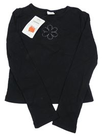 Nové - Černé žebrované crop triko s květem a kamínky Page one young