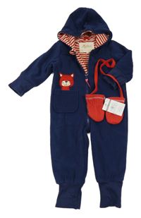 Nové - Tmavomodrá fleecová podšitá kombinéza s kočkou a kapucí + rukavice Sigikid