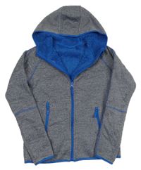 Tmavomodro-bílá melírovaná propínací pletená zateplená mikina s kapucí 