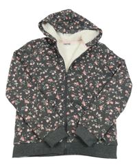 Šedá propínací zateplená mikina s kytičkami a kapucí Pocopiano