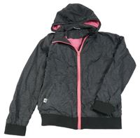 Tmavošedo-růžová šusťáková jarní bunda s kapucí 