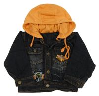 Tmavomodrá riflová bunda s teplákovou kapucí a výšivkou 