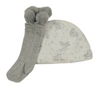 2set - Bílá čepice s medvídkem Pú + šedé ponožky s bambulkami
