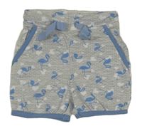 Šedé bavlněné kraťasy s modrým lemem a plameňáky