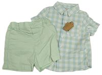2Set - Světlemodro/zeleno-bílá kostkovaná košile + světlezelené chino plátěné kraťasy PRIMARK