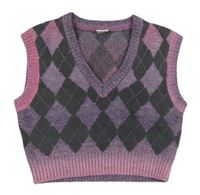 Fialovo-tmavošedo-růžová károvaná vlněná crop vesta RIVER ISLAND