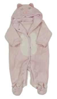 Světlerůžovo-bílá plyšová kombinéza s kapucí - kočička Matalan