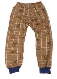 Hnědo-bílo-tmavomodré kostkované teplé tepláky s dinosaury 