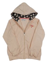 Broskvová propínací mikina s ptáčkem a kapucí