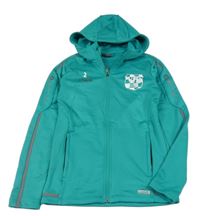 Zelenomodrá thermo propínací fotbalová mikina se znakem a pruhem a kapucí JAKO