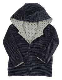 Tmavomodro-světlešedý pruhovaný sametový zateplený oboustranný kabátek s kapucí George