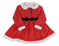 Červeno-bílé sametové šaty s mašlí a puntíky a límečkem a kožešinou