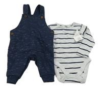 Nové - 2Set - Tmavomodré melírované laclové tepláky s kapsou + šedo/černé pruhované melírované body F&F