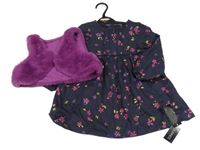 Nové - 2Set - Tmavomodré šaty s kytičkami + purpurové kožešinové podšité bolérko St. Bernard