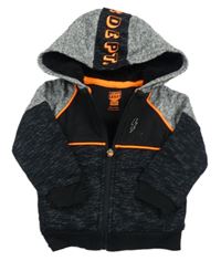 Černo-šedá melírovaná propínací zateplená mikina s bleskem a kapucí s nápisem F&F