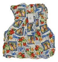 Nové - bílo-safírové šaty s papoušky a palmami a květy a volánky PRIMARK