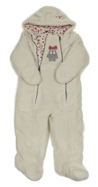 Smetanová plyšová zateplená kombinéza s tučňákem a kapucí Papagino