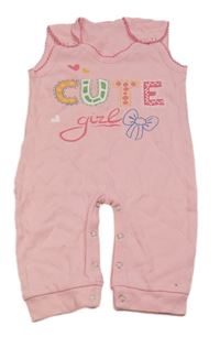 Světlerůžový kalhotový overal s nápisy a mašlí a srdíčky