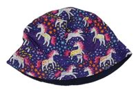 Tmavomodro/fialový plátěný oboustranný klobouk s jednorožci