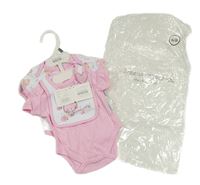 3set - Růžové puntíkaté body + bílé s králíky + bílý slinták s králíkem