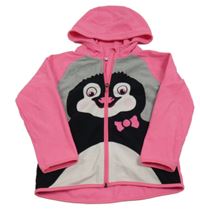 Neonově růžovo-šedo-černá fleecová propínací mikina s tučňákem a kapucí H&M