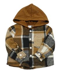 Hnědo-černo-béžová kostkovaná košilová bunda s kapucí Shein