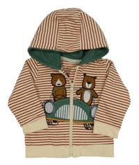 Béžovo-vínová pruhovaná propínací mikina s autem s medvědy a kapucí M&Co.