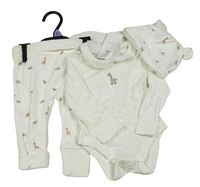 Nové - 3set - Smetanové žebrované body s žirafou a límečkem + lehké tepláky + bavlněná čepice F&F