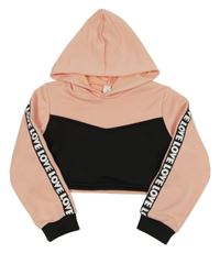 Růžovo-černá crop mikina s pruhem na rukávech s nápisy a kapucí Shein