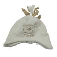 Bílá plyšová podšitá čepice s medvědem a třásněmi 