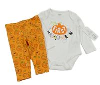 Nové - 2 set - bílé body s dýní + oranžové lehké tepláky s dýněmi F&F