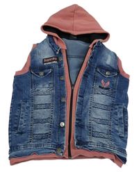 Modrá riflová vesta s výšivkami a teplákovou kapucí 