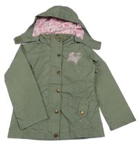 Khaki šusťáková jarní bunda s motýlkem a kapucí 