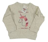 Nové - světlebéžová melírovaná mikina s jednorožcem a volánky 