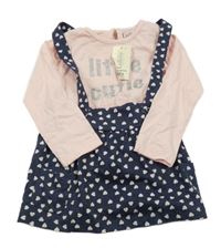 Nové - 2 set - světlerůžové triko s nápisem + tmavomodrá sukně se srdíčky a kšandami Peacocks