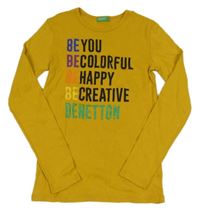 Hořčicové triko s nápisy Benetton