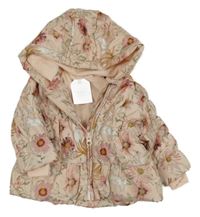 Nové - Růžová květovaná šusťáková zateplená bunda s kapucí Next